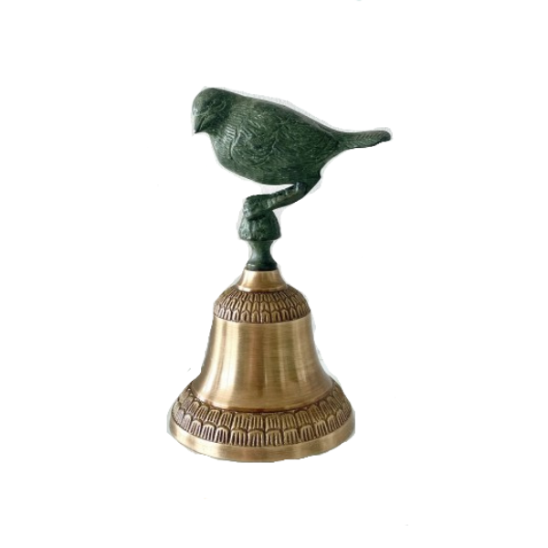 Image of brass Bell decorated with a 3D Pajaro bird handle. A desirable and useful decor item.