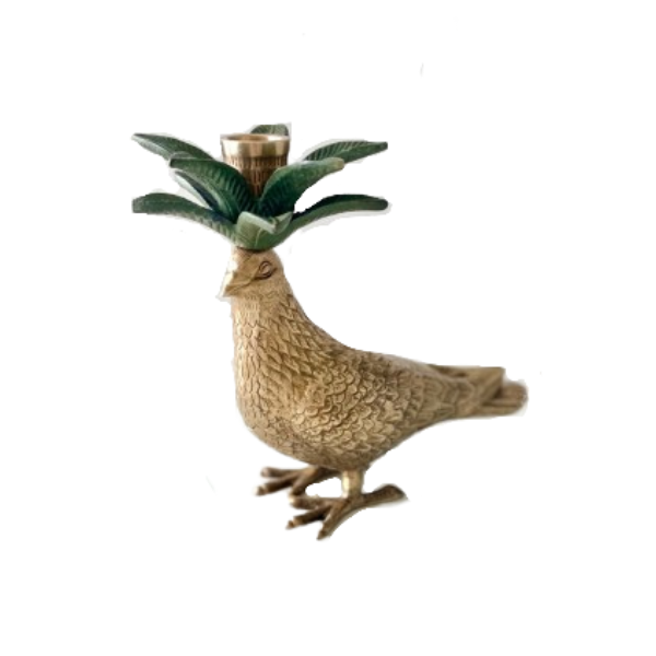 Image of statuesque brass dove candle holders formed from brass.  Verde green brass leaves sit atop this dove.  How impressive would be a pair sitting on your dining table?