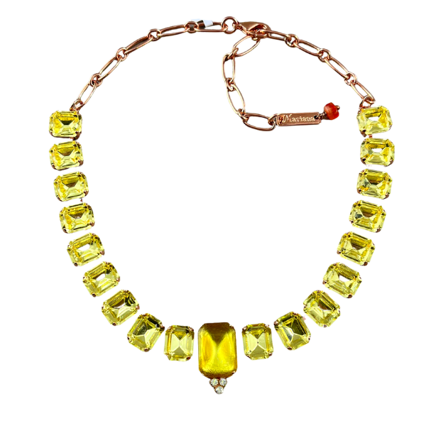 Image of outstanding statement necklace embellished with big rectangular iridized yellow crystals and larger iridized yellow centrepiece crystal with 3 tiny crystals below set in 18ct rose gold plated metal.