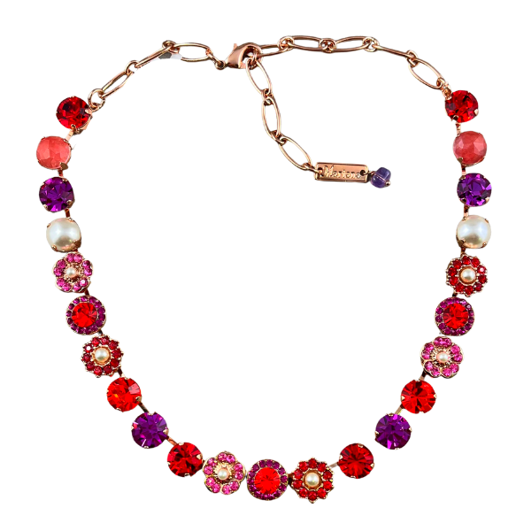 Image of elegant formal style swarovski crystal necklace using red, fuchsia, orange, purple crystals and stones on gilded 18ct rose gold metal.