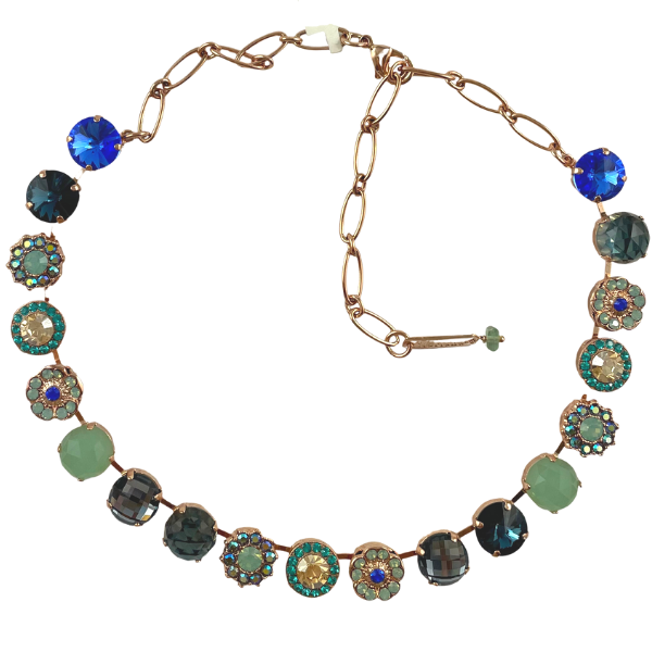 Image of aqua, navy, cobalt and turquoise Swarovski crystal embellished necklace set in 18ct rose gold plated metal.