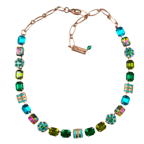 Image of Swarovski crystal necklace using rectangle green, blue and iridized green crystals set in 18ct rose gold plating.
