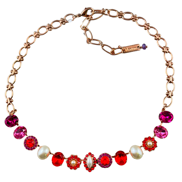Image of ornate necklace embellished with faux pearls, red, purple, orange and fuchsia pink crystals over 18ct rose gold gilded metal.