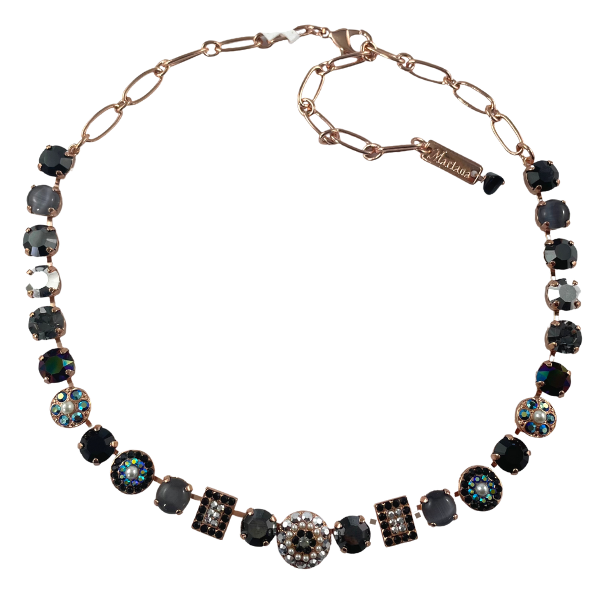Image of 18ct Rose Gold plated chunky necklace embellished with grey, black, silver, blue Swarovski crystals.