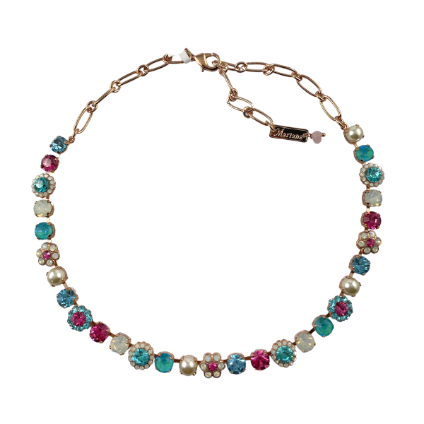 Mariana&#39;s Memories of Montmartre Necklaces feature fuchsia, turquoise and milky white crystals in the collection. The jewellery is layered in 18-carat Rose Gold featuring Austrian &amp; Czech Crystals:  Light Turquoise (263), White Opal (234) &amp; Jonquil (213)