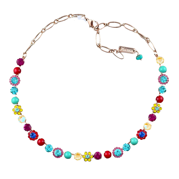 Image of bright multi coloured crystal necklace delicately encrusted with yellow, aqua, pink and red crystals over 18ct rose gold plated metal.
