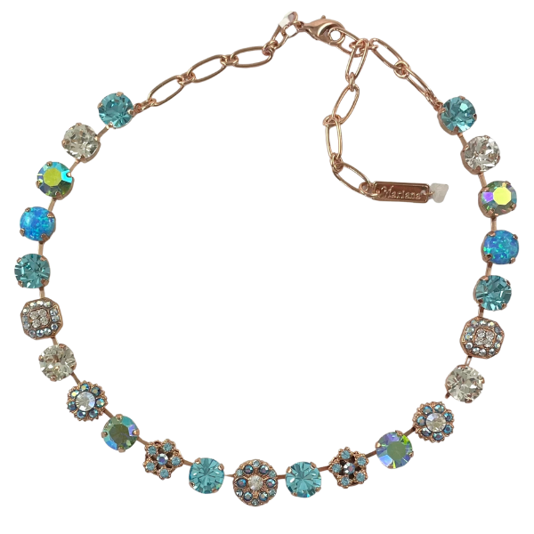 Image of chunky Swarovski crystal necklace with turquoise, blue and diamond crystals. 18 ct Rose Gold plated chain.