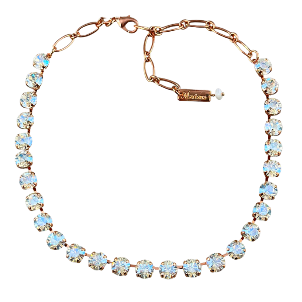 Image of pretty necklace embellished in diamond Swarovski crystals set on 18ct rose gold plated metal.
