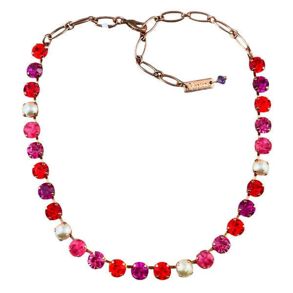 Image of pretty necklace using faux pearl, red, fuchsia, orange and purple Swarovski crystals set on 18ct rose gold plated metal.