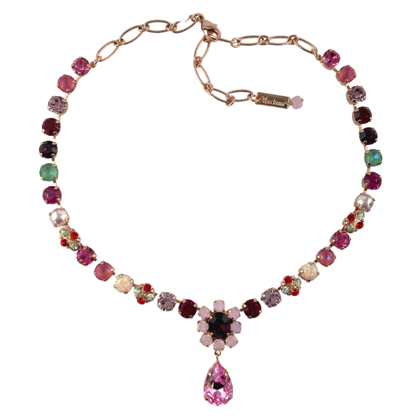 Image of pink, purple, aqua and green Swarovski crystal necklace with pink and purple flower centrepiece with pink crystal teardrop dangle. Set in 18ct Rose gold plated metal.