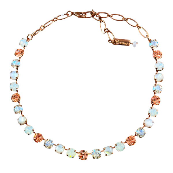 Image of pretty necklace using champagne, diamond and white opalite Swarovski crystals set on 18ct rose gold plated metal.