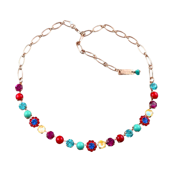 Image of petite embellished necklace set with red, hot pink, cobalt, aqua and red crystals over 18ct rose gold gilded metal.