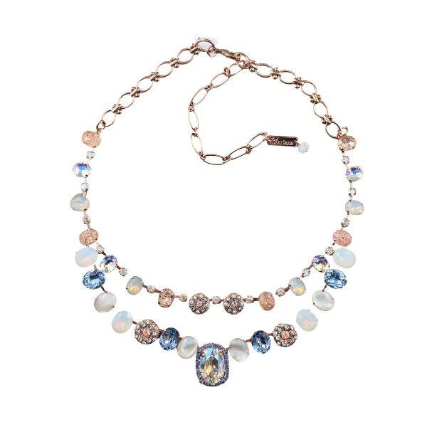 Image of bridal/formal style, dual strand necklace set with ice blue, milky white and champagne crystals over 18ct rose gold metal necklace.