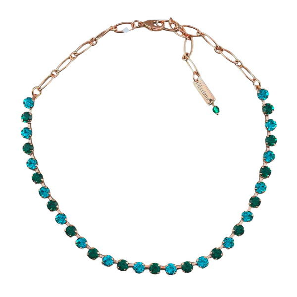 Image of pretty necklace embellished in emerald green and turquoise Swarovski crystals set on 18ct rose gold plated metal.