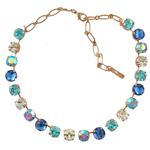 Image of Swarovski crystal necklace with aqua, blue and diamond round crystals plated 18ct rose gold chain.