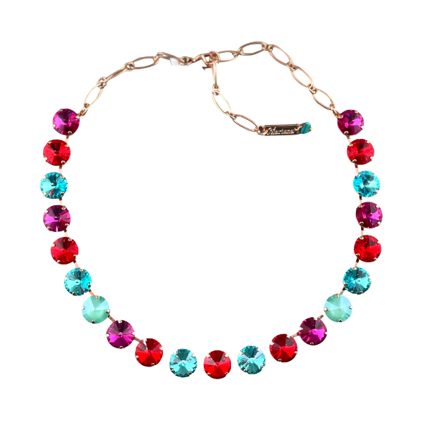 Image of ornate necklace embellished with aqua, red and fuchsia pink crystals over 18ct rose gold gilded metal.