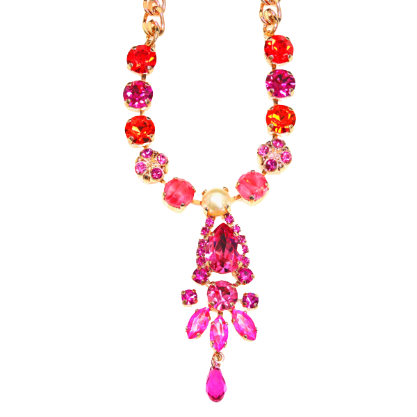 Image of bright pendant necklace embellished with Red, purple and pink crystals and faux pearls on 18 carat rose gold metal.