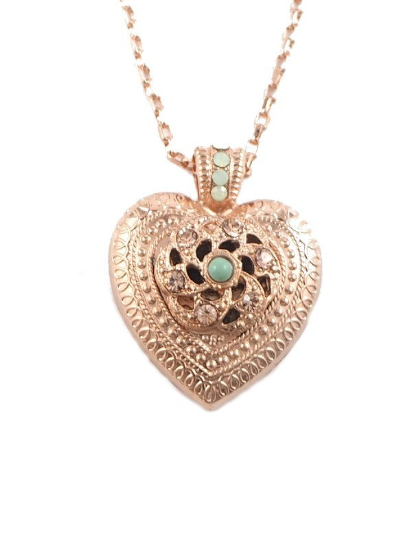 Image of necklace with Rose Gold plated heart pendant embellished with aqua crystals.