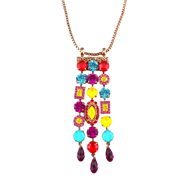 Image of 18ct rose gold plated chain with bright multicoloured and multichain crystal dangle necklace.