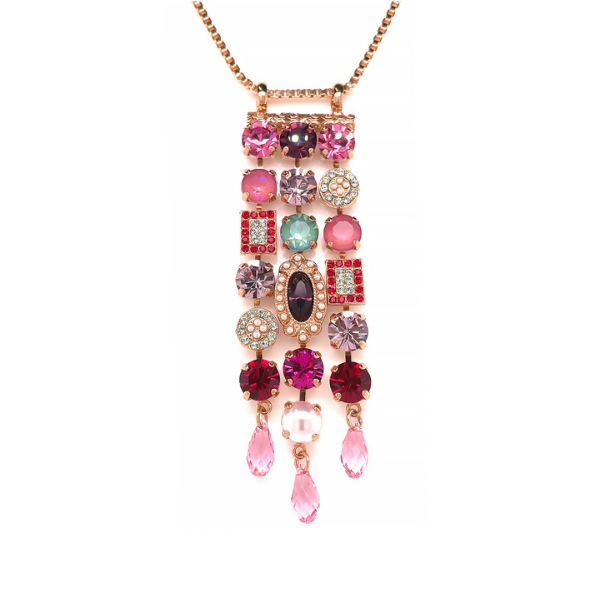 Image of pink, red, turquoise and green crystal encrusted pendant on 70cm, 18ct rose gold plated box chain.