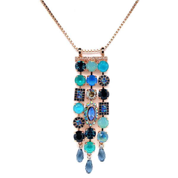 Image of 18ct rose gold plated chain with turquoise and blue crystal dangle necklace.