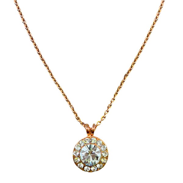 Image of 18 carat rose gold necklace chain with flower pendant embellished in diamond crystals.