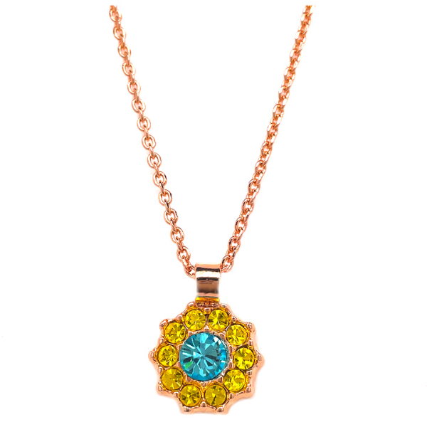 Image of 18 carat rose gold necklace chain with dainty flower pendant encrusted with turquoise and yellow crystals.