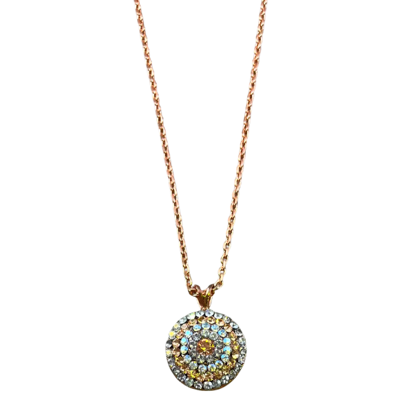 Image of 18 carat rose gold necklace chain with disc pendant embellished in tiny champagne and diamond seed crystals.