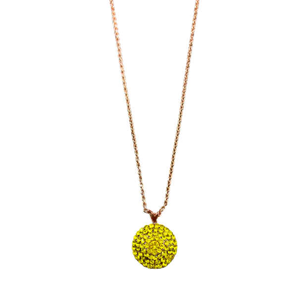 Image of 18 carat rose gold necklace chain with disc pendant embellished in tiny seed yellow crystals.