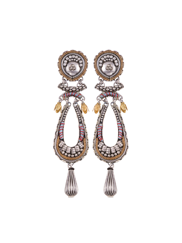 The Indigo, Metal Roots Collection from Ayala Bar&#39;s Winter 2021 Jewellery release includes a silver finish metal collection. The settings are bohemian in style, features the silver metal with co-ordinated earthy coloured textile cord as a highlight. Ornate beading.
