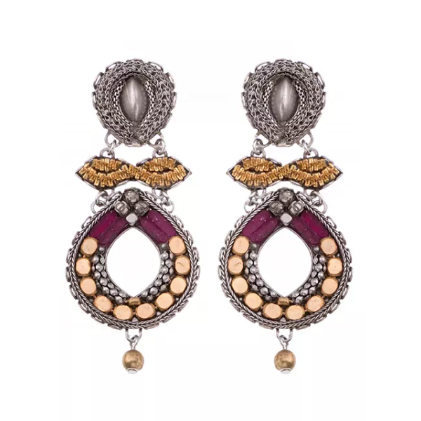 Image of contemporary dangle earrings made skillfully by hand using coloured textiles, glass and metals in Purple, gold and cream tones.