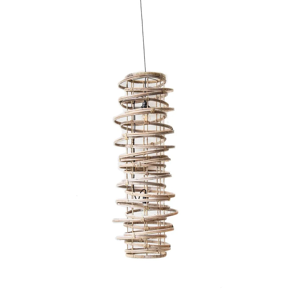 Image of large, cylinder shape, rattan pendant light.