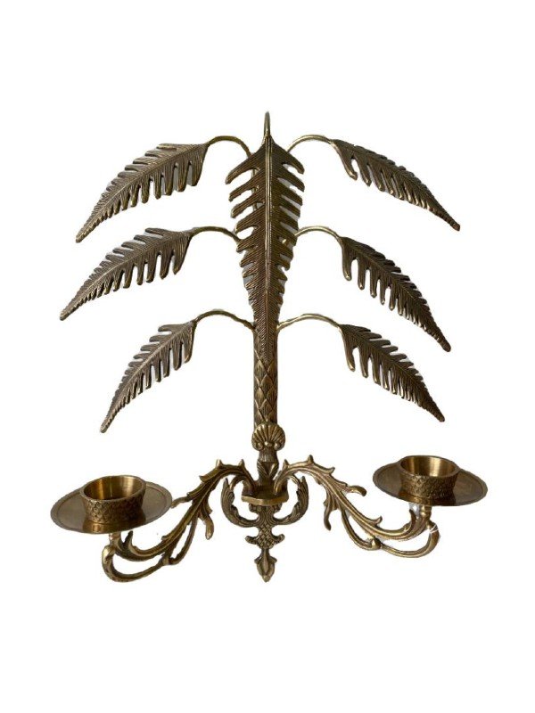 Image of an imperial brass candle holder in the shape of palm leaves.  Wall mounted.  Fits two votive or small candles.