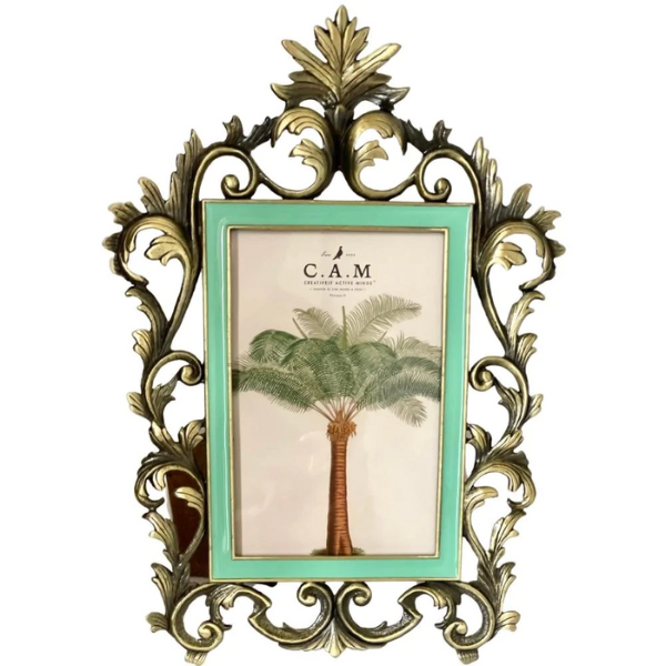 Image of revival style picture frame with turquoise rectangular border finish.