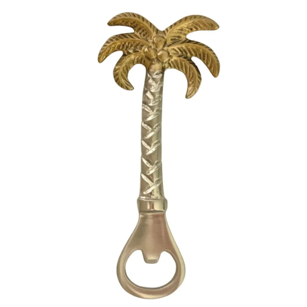 Image of brass palm tree bottle opener with silver finish.