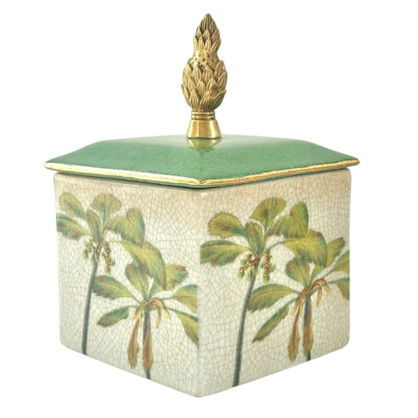 Image of square lidded Trinket Box with Palm Trees and brass handle.