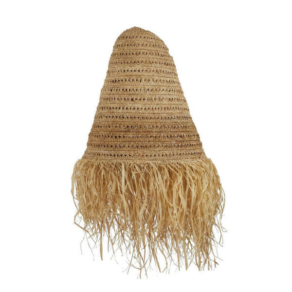Image of a hand crotchet, seagrass lamp shade with shaggy fringe.
