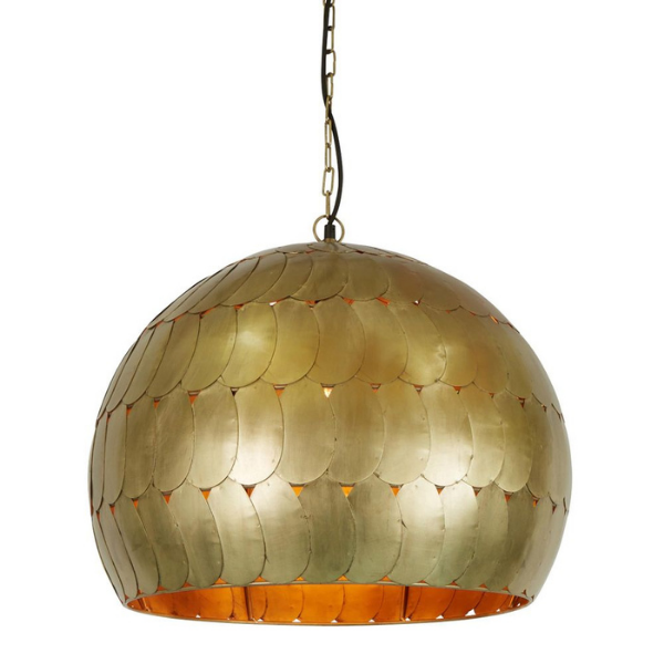 Image of industrial style, antique brass dome pendant light with fish scale iron.