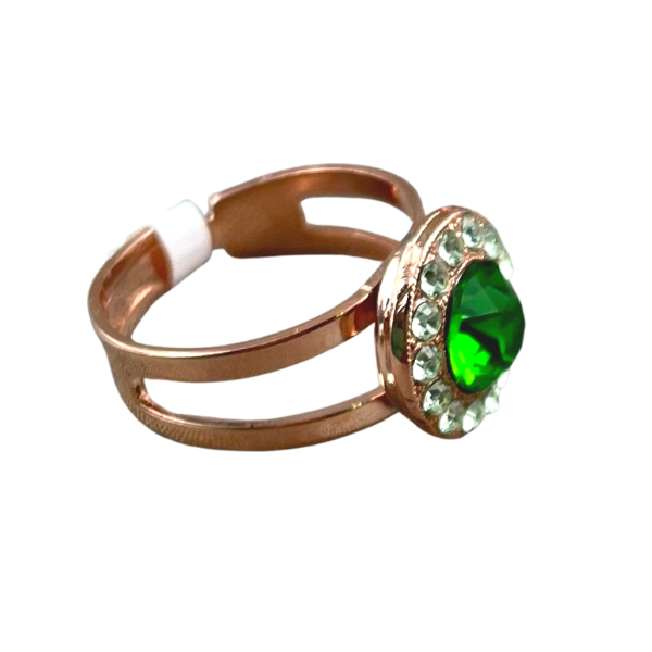 Image of adjustable ring with fern green round centrepiece trimmed with see jade green crystals set on 18ct rose gold plated metal.