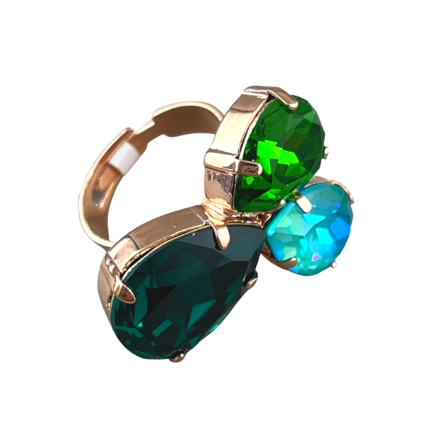 Image of adjustable statement ring with 3 tear drop crystals in green and aqua on 18ct rose gold plated metal.