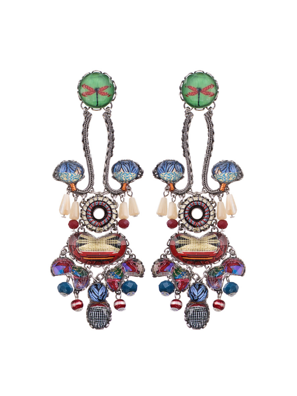 Colourful Kaleidoscope forms part of Ayala Bar's Radiance Jewellery Collection from her Winter 2021 Range. A delicate dragonfly print on a green background is a featured theme and has been co-ordinated with crimson red and cobalt blue to make this a stunning, outstanding collection.