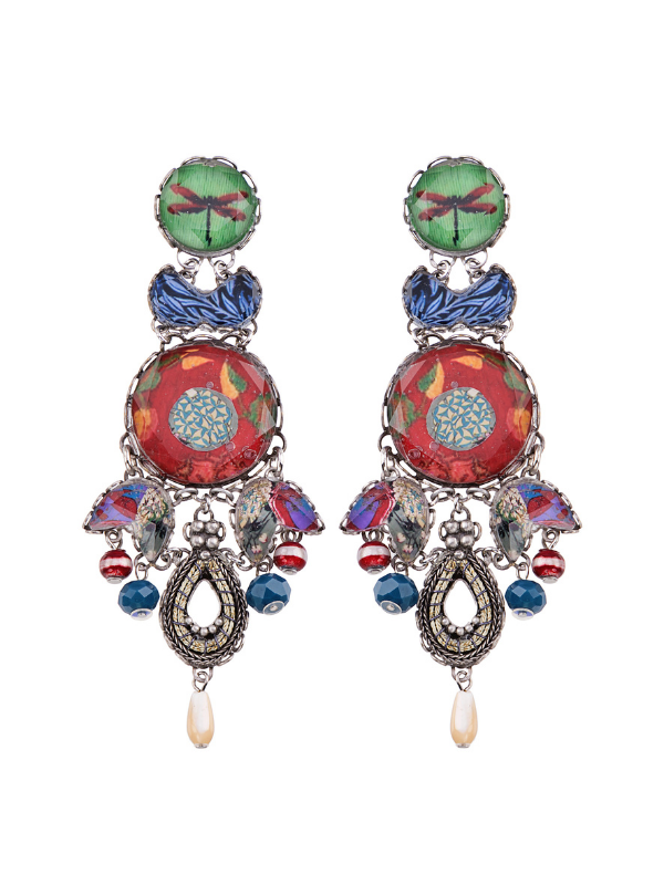 Colourful Kaleidoscope forms part of Ayala Bar&#39;s Radiance Jewellery Collection from her Winter 2021 Range. A delicate dragonfly print on a green background is a featured theme and has been co-ordinated with crimson red and cobalt blue to make this a stunning, outstanding collection.