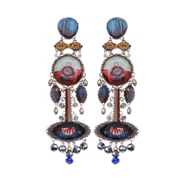 Image of elegant long dangle earrings carefully hand stitched and painted in multicolours.