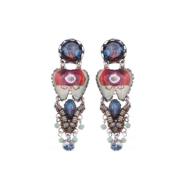 Image of dangle earrings made skillfully by hand using coloured textiles, glass and metals.
