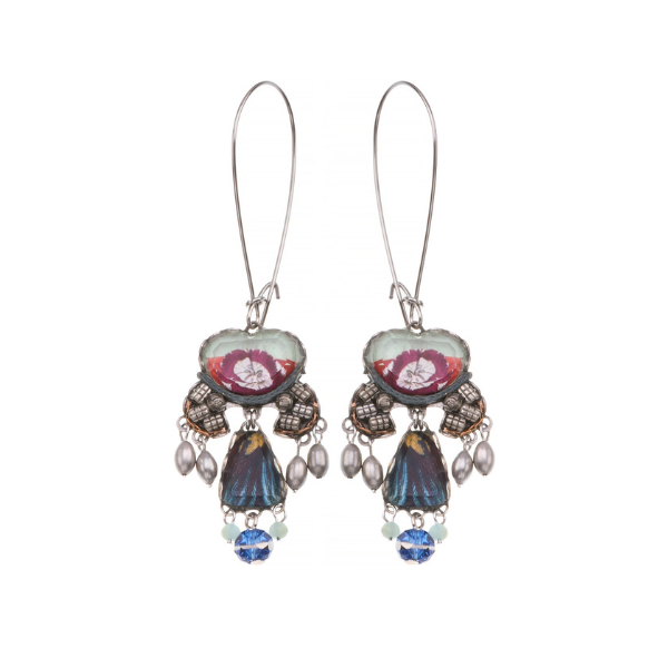 Image of dangle earrings on hook 100% handcrafted and contains silver plated brass and metal alloys, glass beads, ceramic stones, crystal rhinestones and fabrics.