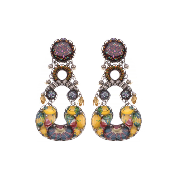 Image of dangle earrings made skillfully by hand using coloured textiles, glass and metals.
