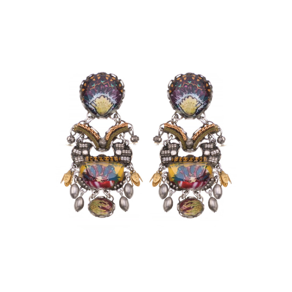 Image of dangle earrings 100% handcrafted and contains silver plated brass and metal alloys, glass beads, ceramic stones, crystal rhinestones and fabrics.