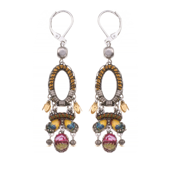 Image of dangle french hook earrings made skillfully by hand using coloured textiles and metals.