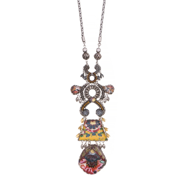 Image of dangle necklace made skillfully by hand using coloured textiles, glass and metals.
