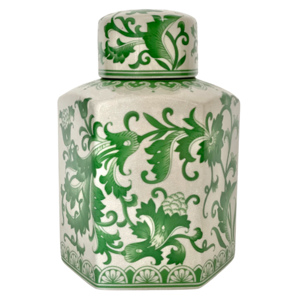 Image of porcelain glazed ginger jar with green chinoiserie pattern.
